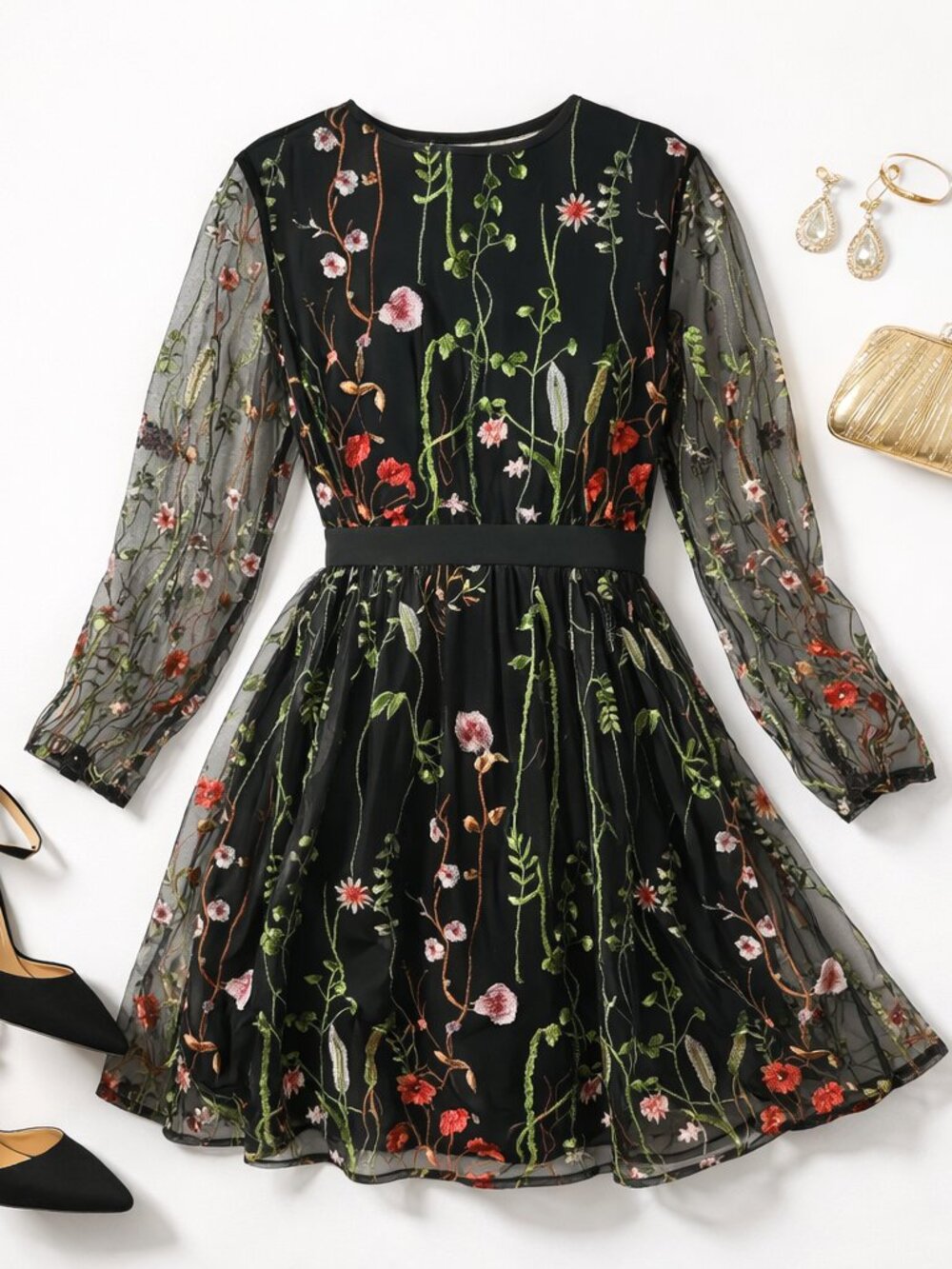 Black Floral Embroidered Mesh Dress Long Sleeve Fit Flare L